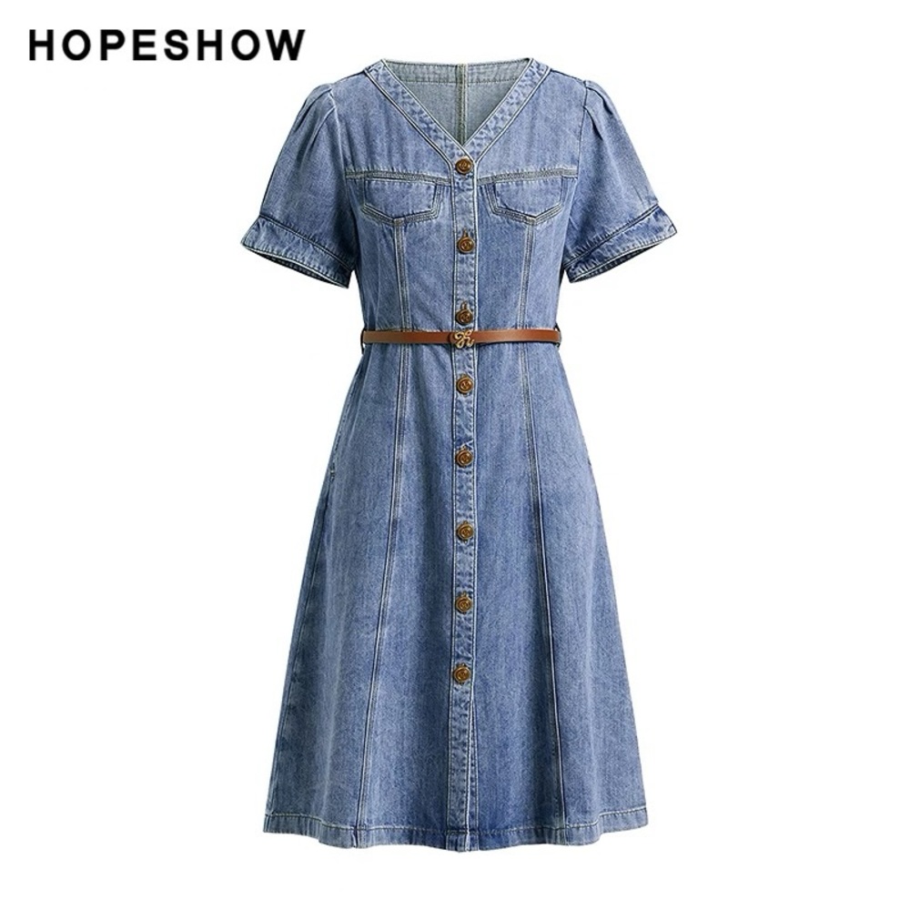 Blue A-Line Midi Dress with Puff Sleeves and V-Neck